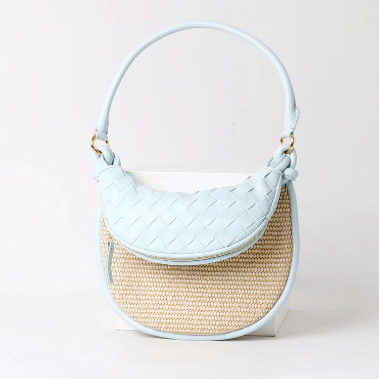 質感真皮|2025新款拉菲草編拼牛皮雙子包拼色月亮包度假單肩腋下包時尚編織包「9781-1」25.07-1