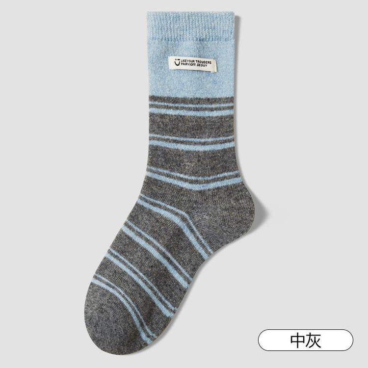 女襪|布標條紋襪子女冬季加絨加厚保暖美利奴羊毛襪親膚舒適彈力中筒襪「GO25106」25.12-1