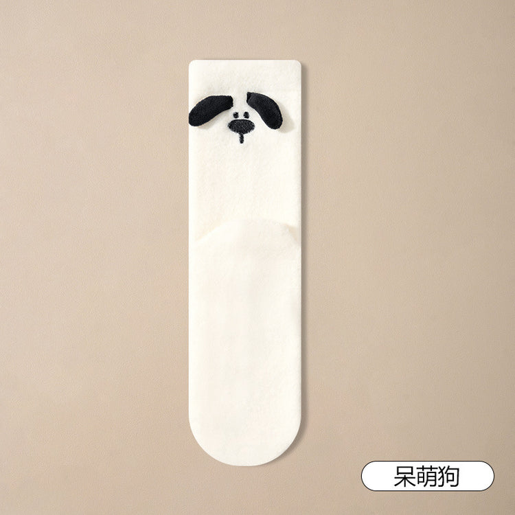 女襪|加絨加厚襪子女後跟立體小狗蓄熱保暖澳絨襪親膚舒適彈力中筒襪「HC5137」24.12-1