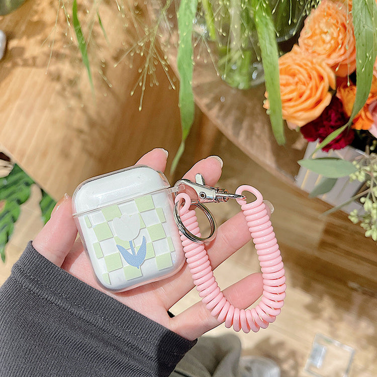 耳機套|適用2/3代蘋果藍牙耳機保護套綠格子airpodspro透明殼帶掛繩「BQ2501」24.07