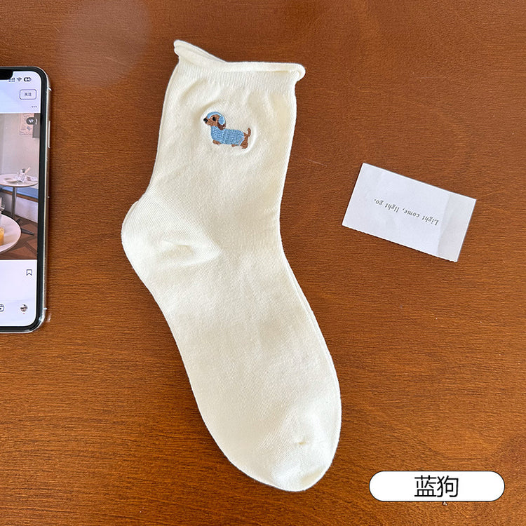 女襪|白色卡通卷邊襪子女夏季薄款ins潮刺繡中筒襪棉質吸汗透氣堆堆襪「PS0119」25.04-1