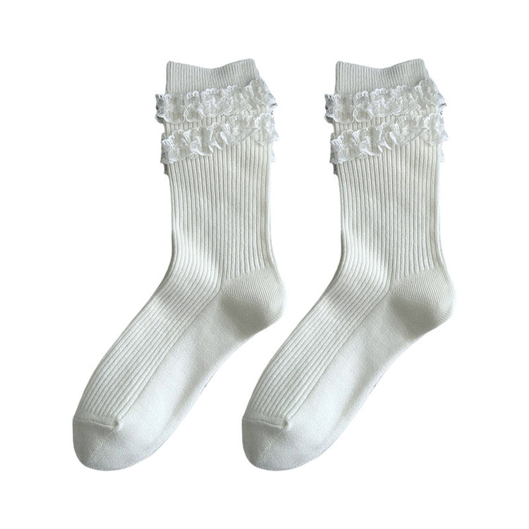女襪|雙層蕾絲花邊襪子女竪條顯瘦彈力舒適中筒襪棉質吸汗透氣堆堆襪「XC2350」25.09-5