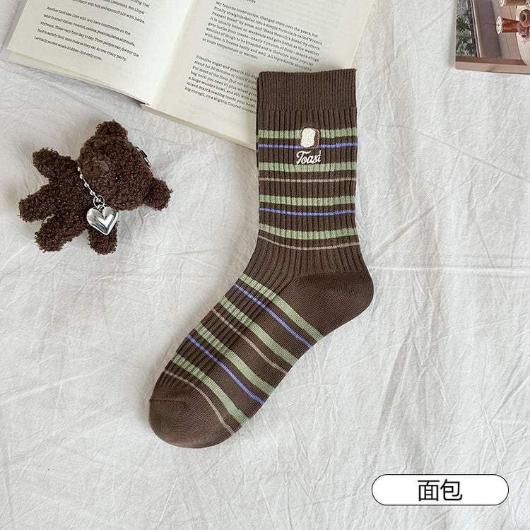 女襪|趣味刺繡襪子女秋冬拼色條紋潮流彈力中筒襪棉質吸汗透氣堆堆襪「MK5172」25.09-4