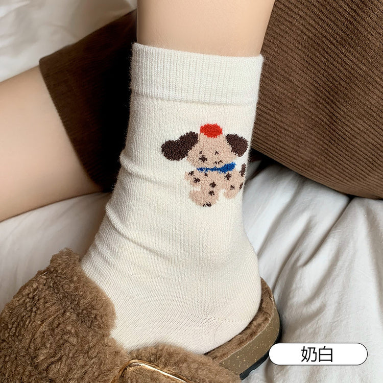 女襪|白色堆堆襪子女卡通小狗刺繡ins彈力中筒襪秋冬加厚保暖襪子「SM24524」24.11-2
