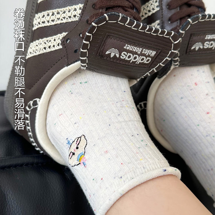 女襪|點子紗襪子女棉質吸汗透氣防臭堆堆襪彈力無骨卷邊卡通刺繡中筒襪「M24173」25.09-5