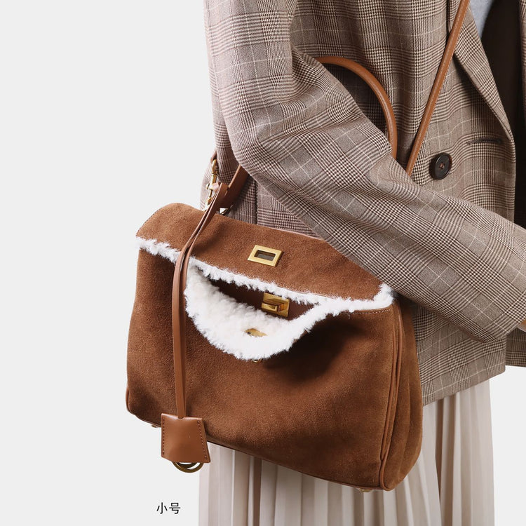 質感真皮|秋冬羊皮拼接磨砂牛皮腋下凱莉包鎖扣手提托特包通勤單肩斜挎大包「6138」24.11-4