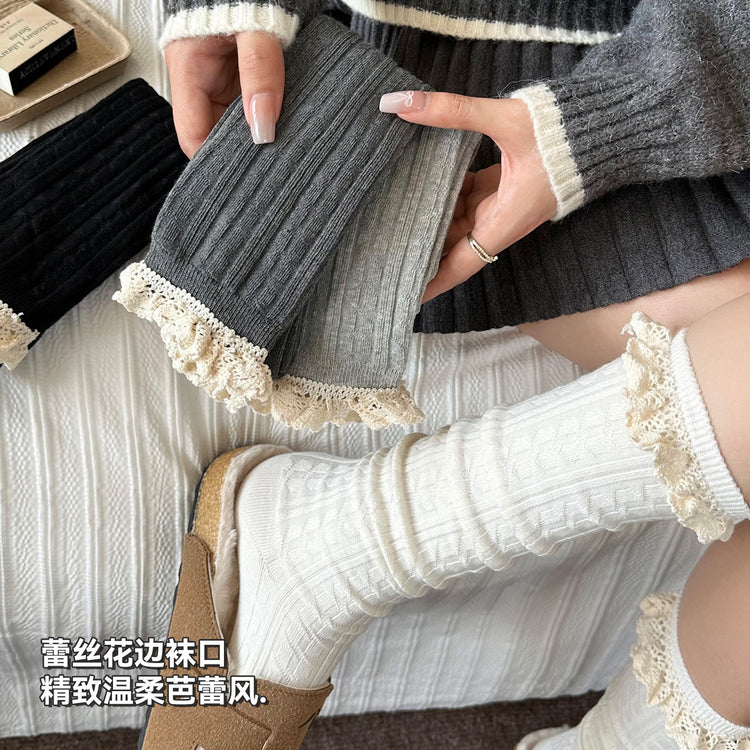 女襪|白色襪子女ins潮蕾絲花邊襪口小腿襪棉質吸汗透氣彈力無骨長筒襪「XC2365」25.09-4