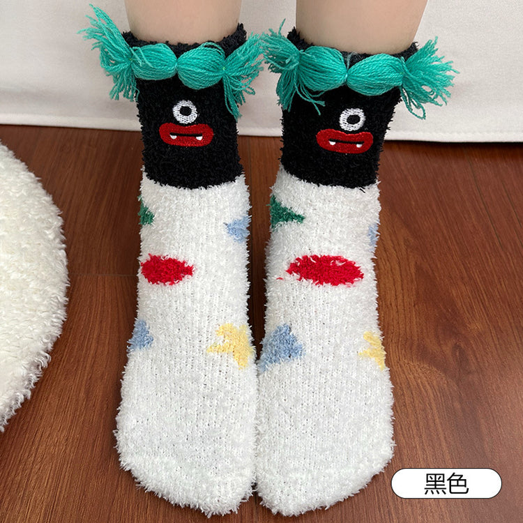 女襪|珊瑚絨襪子女秋冬季搞怪卡通可愛中筒襪加絨加厚蓄熱保暖睡眠襪「D25865」25.11-4