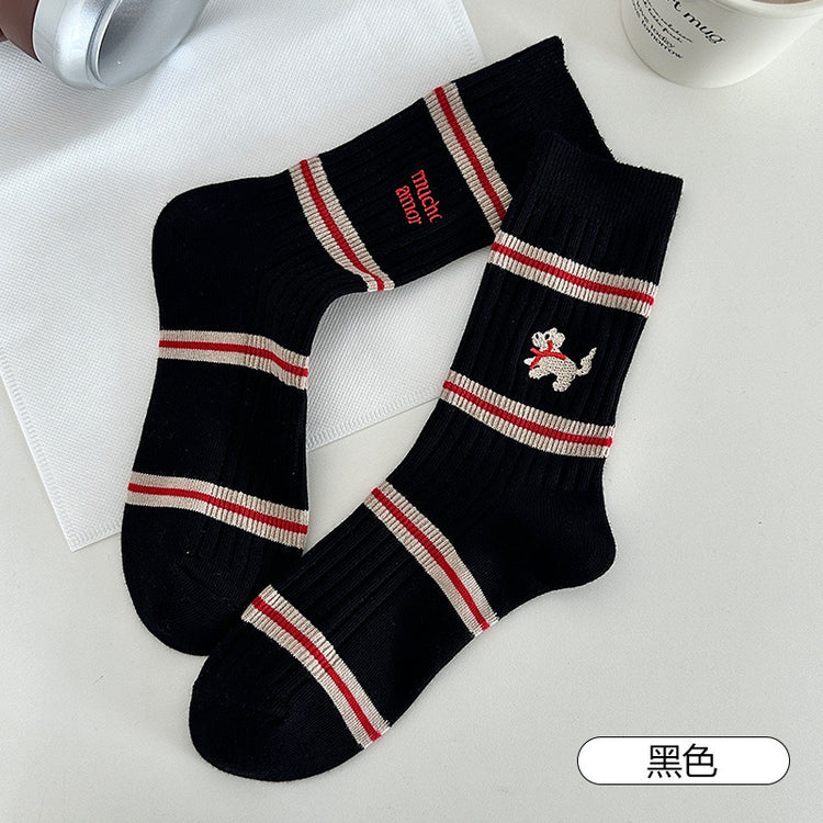 女襪|撞色條紋襪子女卡通刺繡彈力雙針耐磨中筒襪棉質吸汗透氣堆堆襪「YM1144」25.07-4