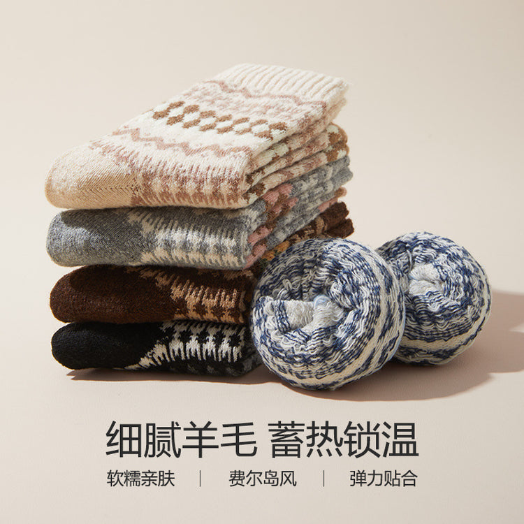 女襪|費爾島羊毛襪子女秋冬季加厚保暖中筒襪文藝復古菱格好搭堆堆襪「TM3721」25.01-2