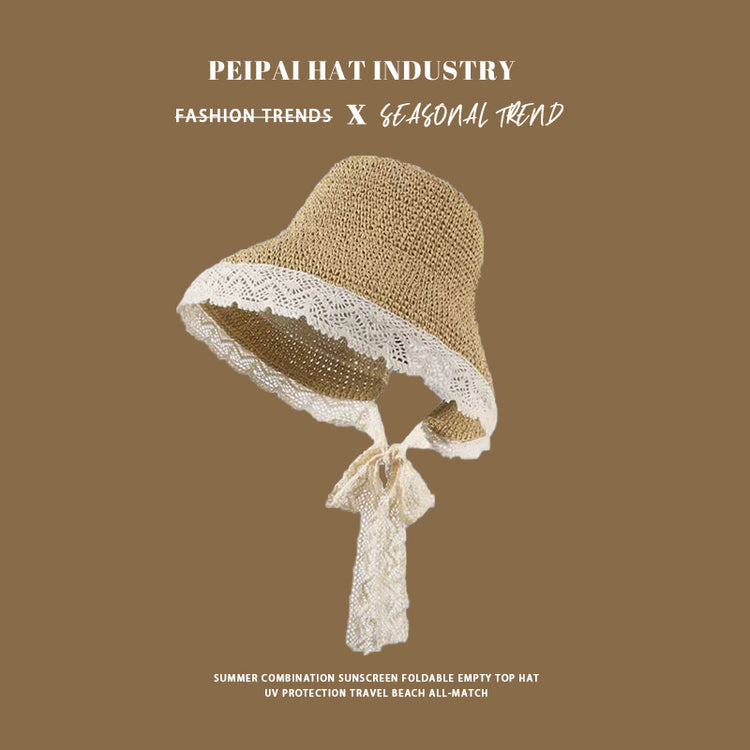 流行帽子|夏季蕾絲草帽女海邊度假放紫外線沙灘遮陽帽大沿顯臉小遮臉防曬帽「C5076」25.03-2