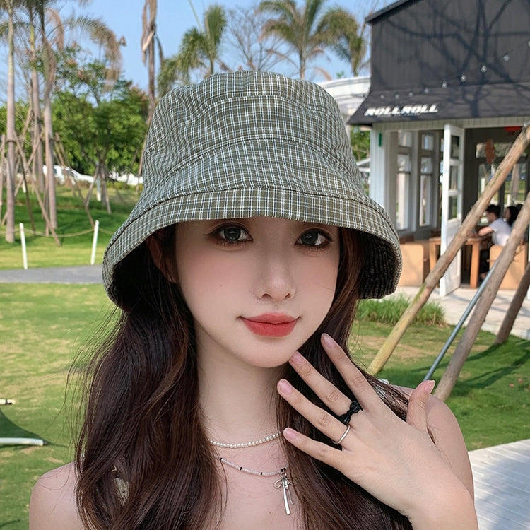 流行帽子|夏季新款格子帽子女蝴蝶結綁帶漁夫帽韓系百搭顯臉小防曬遮陽帽潮「C5262」25.05-2