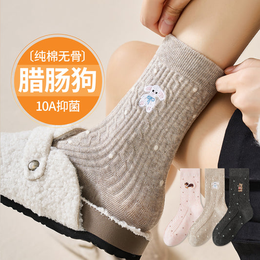 女襪|襪子女士秋冬棉質刺繡可愛小熊堆堆襪彈力無骨吸汗透氣中筒襪「ZX25517」25.10-4