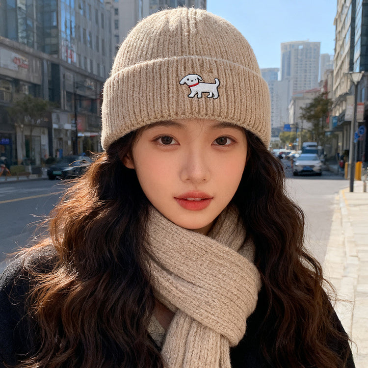 流行帽子|可愛小狗刺繡針織帽女秋冬款韓版百搭毛線帽顯臉小大頭圍保暖帽子「C5674」25.09-5