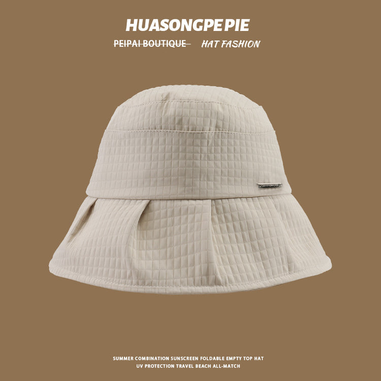 流行帽子|帽子夏季新款大帽檐遮臉方格QIA裙擺漁夫帽日系簡約時尚防曬帽女「C4068」24.06-3