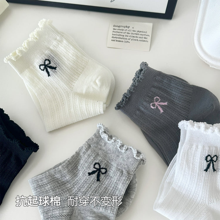 女襪|灰色蝴蝶結襪子女彈力木耳邊網眼吸汗透氣短襪親膚舒適休閒運動襪「WB0203」25.07-2