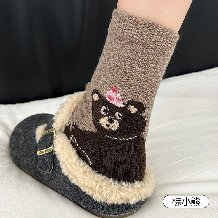 女襪|後跟卡通圖案襪子女冬季加厚保暖羊毛襪日系學院風彈力舒適中筒襪「GO2585」25.11-4