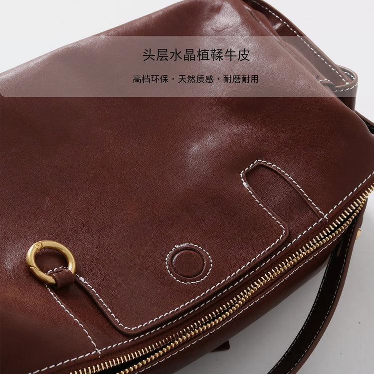 質感真皮|秋冬新款頭層水晶植鞣牛皮無性別復古手提相機包大容量單肩斜背包「155M」24.11-2