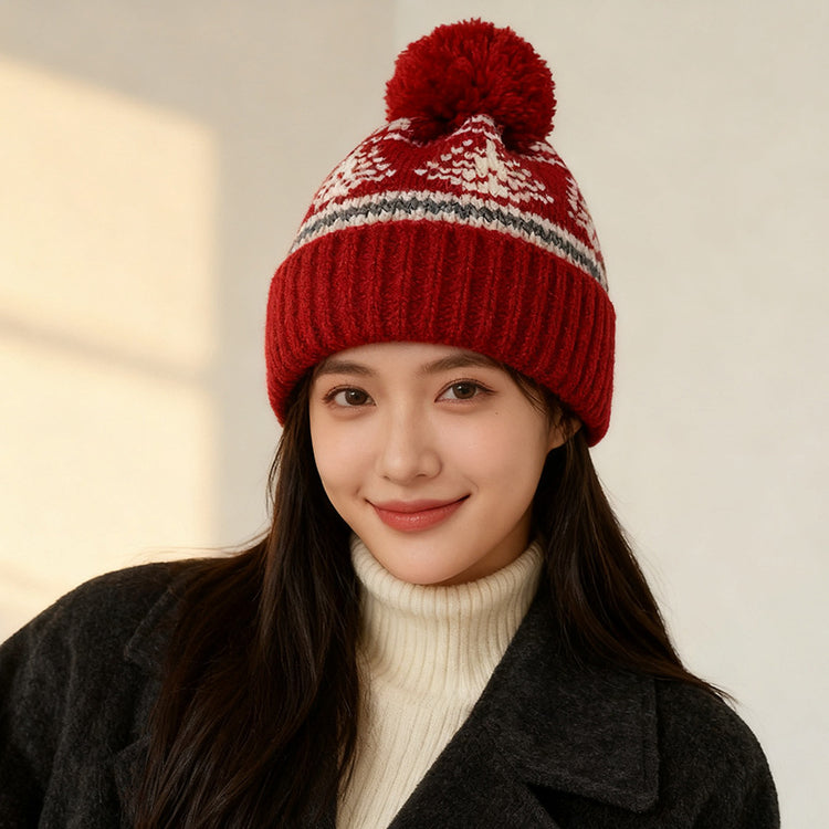流行帽子|2025復古費爾島風毛線帽子女冬季加厚保暖針織帽日系護耳毛球冷帽「C4775AA」25.12-1
