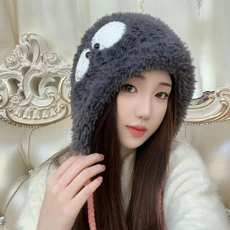 流行帽子|萌趣大眼睛毛絨帽冬季保暖可愛百搭護耳帽加厚學生騎行防寒針織帽「C4867」24.12-2