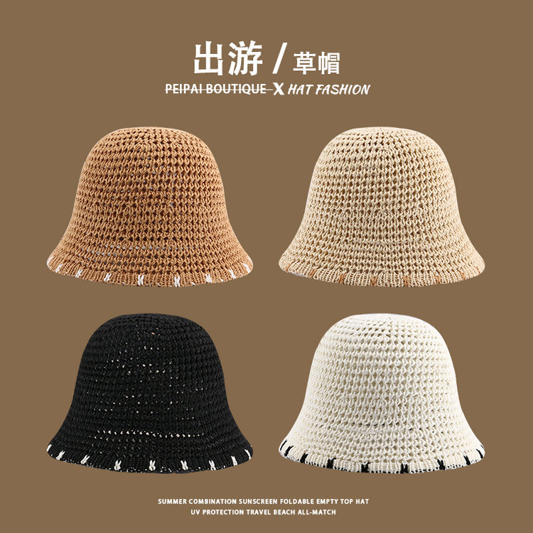 流行帽子|草帽編織女可折疊沙灘帽夏季鏤空透氣水桶帽甜美海邊遮陽帽子批發「C3748」24.03-4