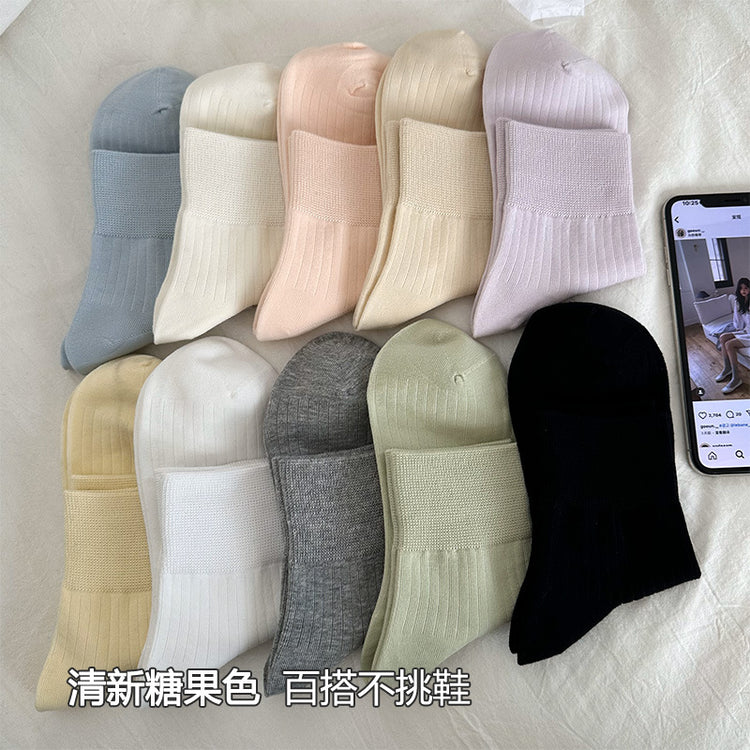 女襪|襪子女春夏棉質吸汗透氣竪條顯瘦短襪彈力無骨親膚舒適純色休閒襪「MI1123」25.04-1
