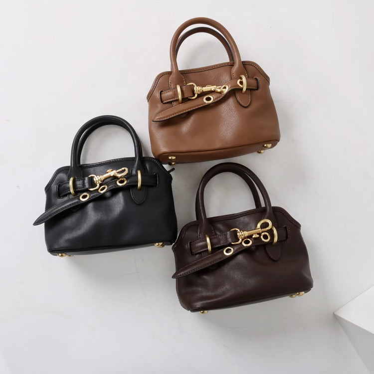 質感真皮|新款精緻迷你手拎中古保齡球斜背包通勤小眾復古百搭高級感包「8205」25.03-1