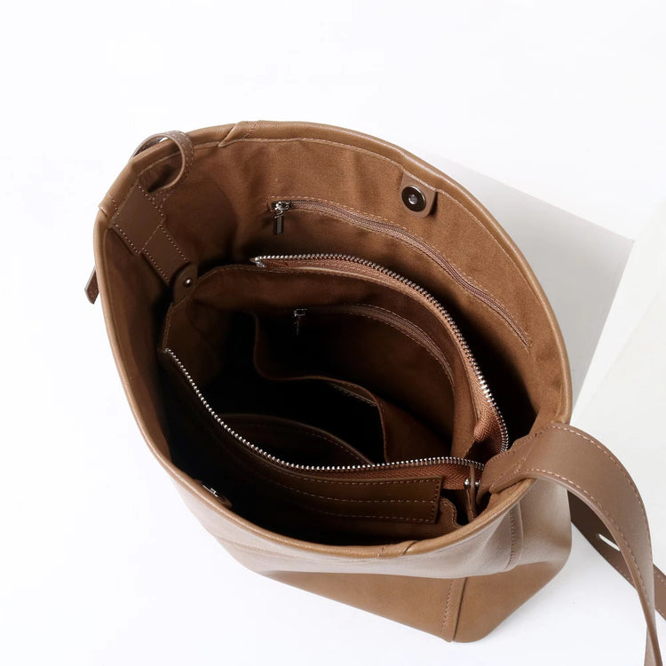 質感真皮|2025新款大容量牛皮拼接質感通勤子母包時尚百搭單肩腋下水桶包女「7056」25.09-3