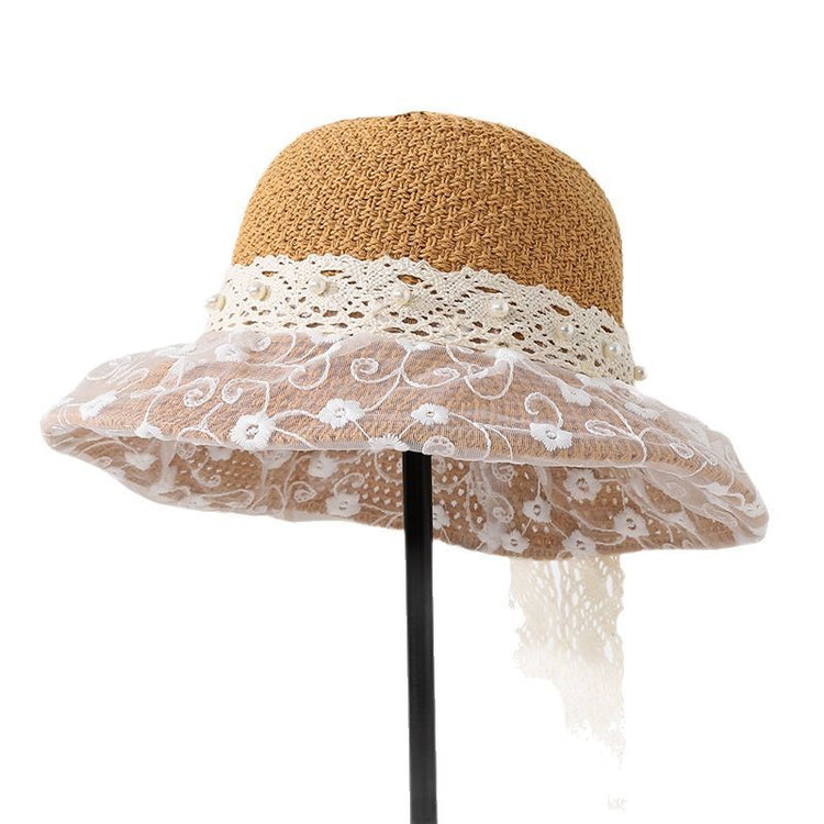 流行帽子|夏季新款帽子女蕾絲蝴蝶結漁夫帽韓版顯臉小海邊沙灘草帽防紫外線「C5237」25.04-5