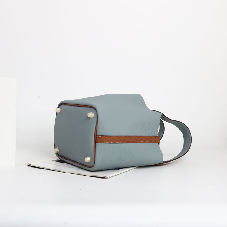 質感真皮|togo頭層牛皮拼接菜籃2024年新款時尚軟牛皮水桶包手提手拎包「226#」24.10-3