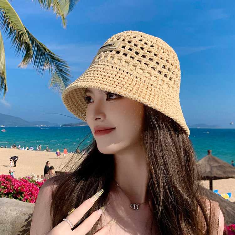 流行帽子|草編漁夫帽女夏季海邊度假防曬遮陽帽鏤空透氣顯臉小編織水桶帽子「C5045」25.03-1