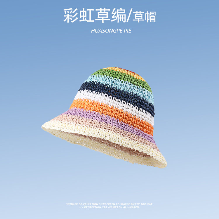 流行帽子|蕾絲系帶草帽夏季女帽子防曬學生戶外遮陽帽綁帶沙灘彩虹太陽帽子「C3929」24.05-2