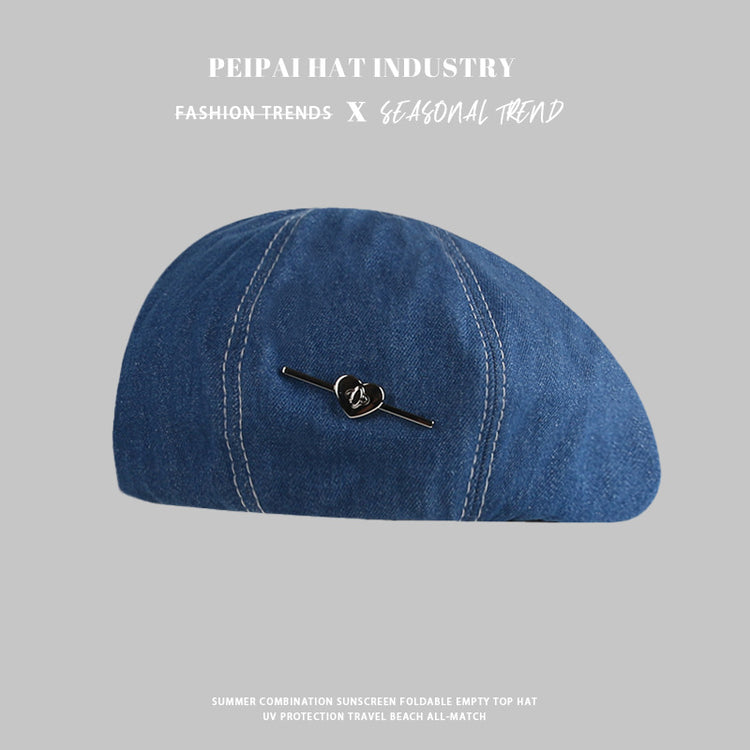 流行帽子|愛心藍色水洗牛仔貝雷帽女2024新款小眾復古顯臉小大頭圍畫家帽子「C4291」24.09-3