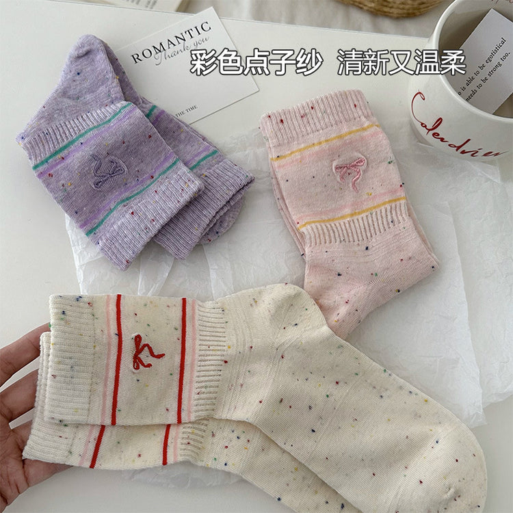 女襪|刺繡蝴蝶結襪子女棉質軟糯親膚舒適中筒襪點子紗春夏季薄款堆堆襪「W0122」25.03-3