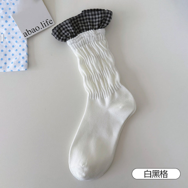 女襪|拼接格子襪子女ins潮親膚舒適好搭堆堆襪棉質吸汗透氣彈力中筒襪「PS135」25.07-5