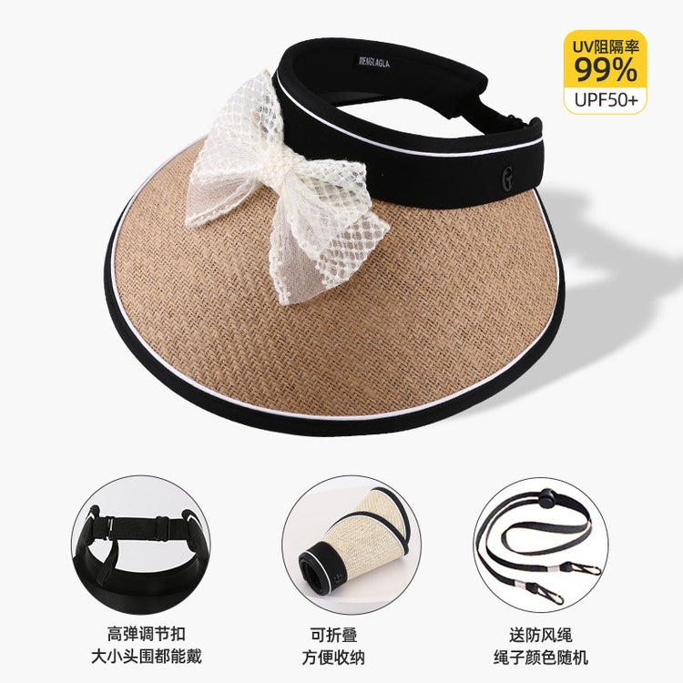 流行帽子|蕾絲蝴蝶結空頂帽女夏季黑膠防紫外線遮陽帽加寬帽檐沙灘太陽帽子「C3802」24.04-3