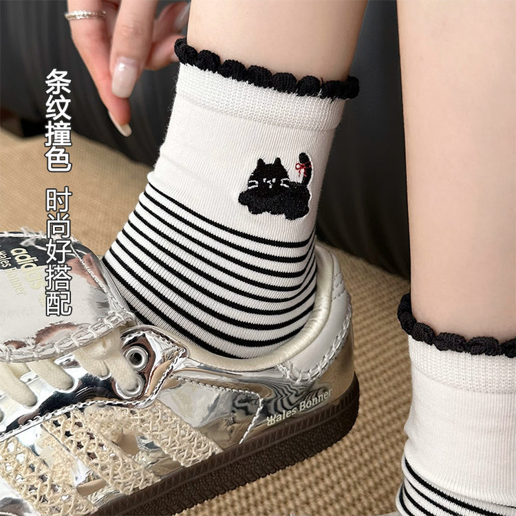女襪|條紋撞色襪子女花邊襪口彈力舒適中筒襪棉質親膚吸汗透氣堆堆襪「W0123」25.03-3