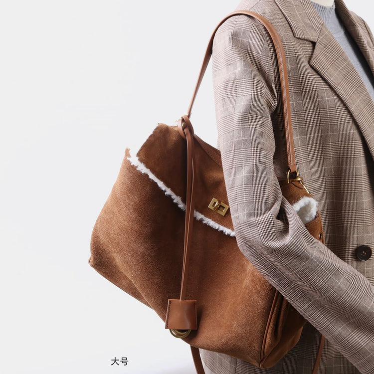 質感真皮|秋冬羊皮拼接磨砂牛皮腋下凱莉包鎖扣手提托特包通勤單肩斜挎大包「6138」24.11-4