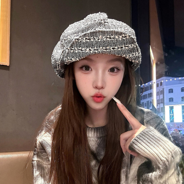 流行帽子|帽子女新款復古小香風格紋八角帽百搭顯臉小韓版高級感貝雷帽冷帽「C4375」24.09-2