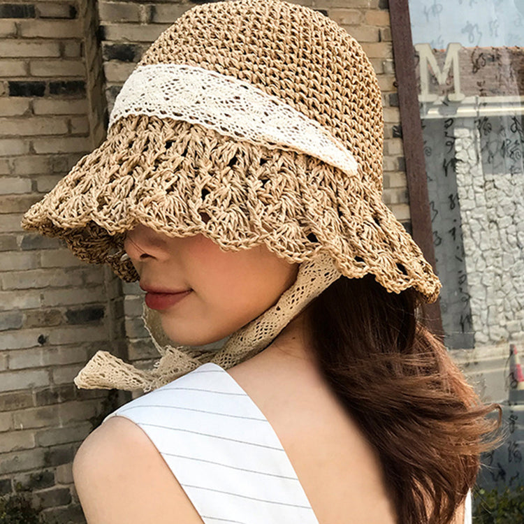 流行帽子|蕾絲系帶草帽夏季女帽子防曬學生戶外遮陽帽綁帶沙灘彩虹太陽帽子「C3929」24.05-2