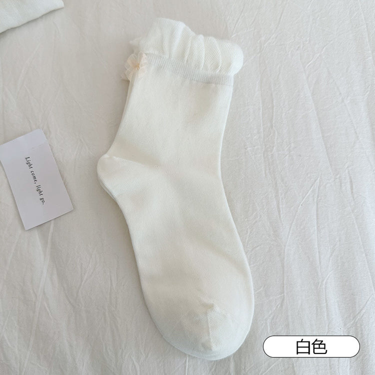 女襪|後跟蝴蝶結襪子女春夏季ins潮花邊襪口中筒襪棉質吸汗透氣堆堆襪「SM2501」25.04-1
