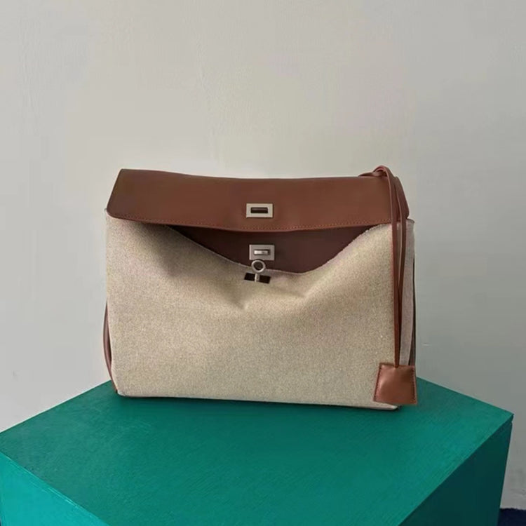 質感真皮|2024新款高級感大容量帆布拼皮手提單肩包時尚潮流通勤拼接鎖扣手提包「2328」24.07-5