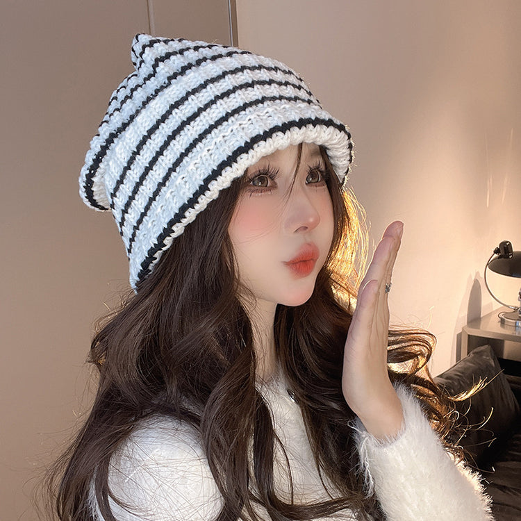 流行帽子|秋冬季保暖防寒帽子百搭純色拼色條紋針織帽韓版顯臉小毛線帽冷帽「C3340」24.11-4