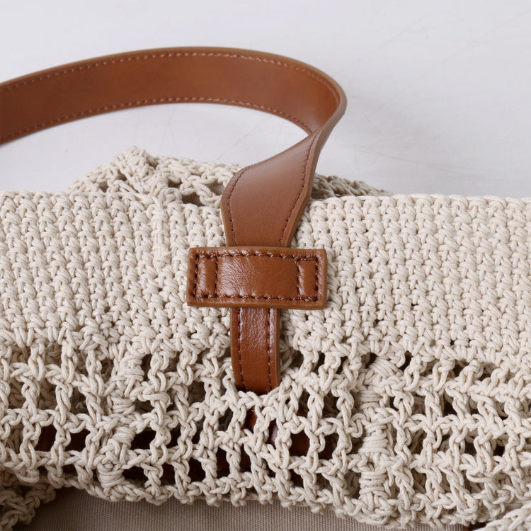 質感真皮|2025新款蠟繩編織托特大容量斜背包頭層牛皮沙灘度假通勤包ins女「3853」25.04-5