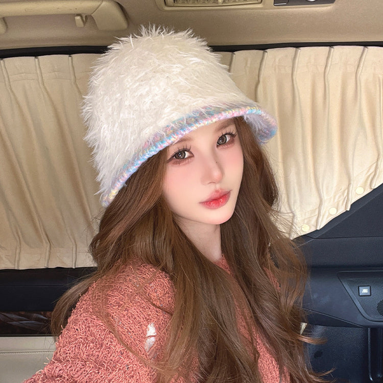 流行帽子|帽子女秋冬季彩虹檐邊毛絨針織水桶帽加厚保暖毛茸茸顯臉小毛線帽「C4442」24.09-2