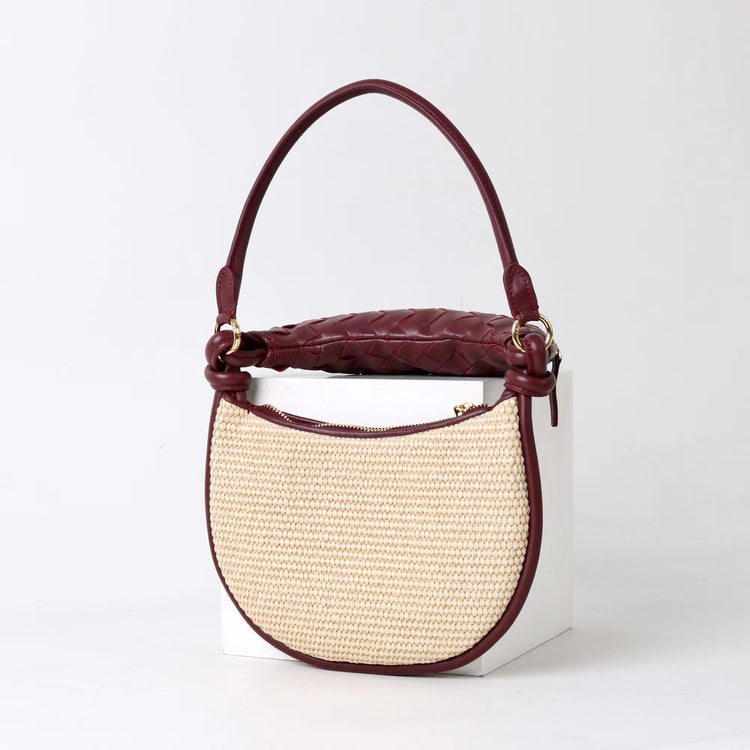 質感真皮|2025新款拉菲草編拼牛皮雙子包拼色月亮包度假單肩腋下包時尚編織包「9781-1」25.07-1