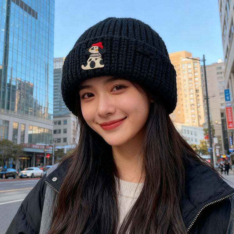 流行帽子|韓版小狗貼布破洞帽子女秋冬季加厚保暖毛線帽可愛針織護耳包頭帽「C5756」25.11-1