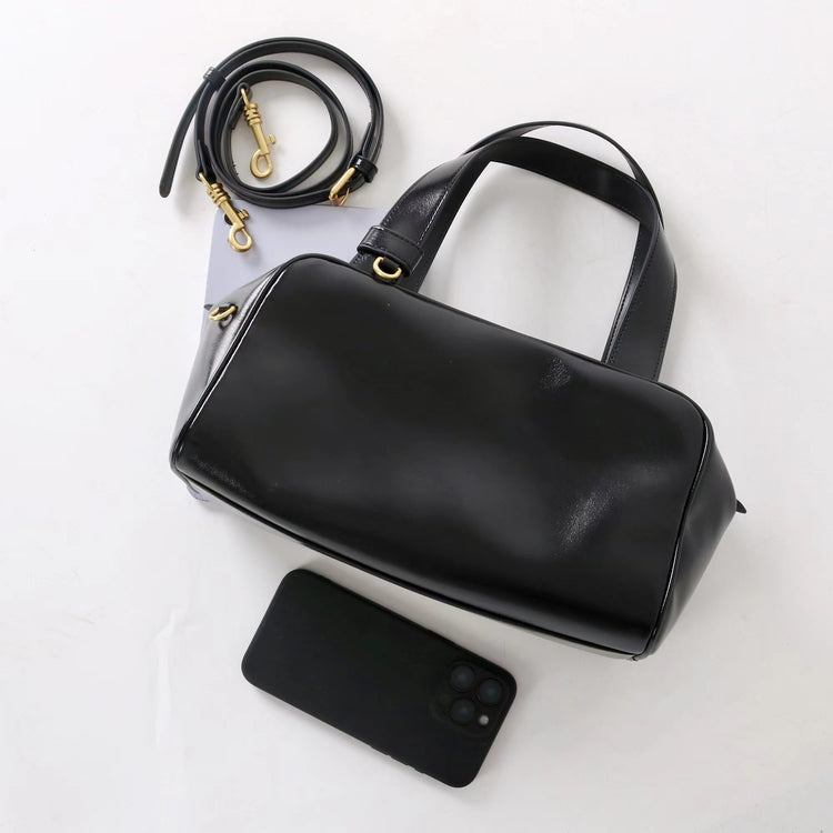 質感真皮|2025新款時尚牛皮手柄保齡球波士頓手提包小眾設計休閒百搭斜背包「8566」25.09-2