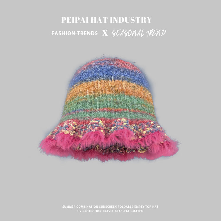 流行帽子|帽子女2024新款復古彩色條紋油畫風荷葉邊漁夫帽秋冬保暖針織盆帽「C4333」24.09-1