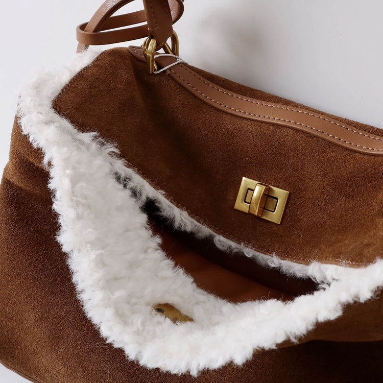 質感真皮|秋冬羊皮拼接磨砂牛皮腋下凱莉包鎖扣手提托特包通勤單肩斜挎大包「6138」24.11-4